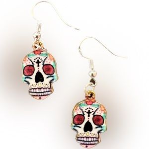 Sugar Skull charm drop dangle earrings.  Tattooed cross on forehead